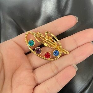 Vintage Avon Gold-Tone Artist Palette Pin Brooch With Colorful Rhinestones